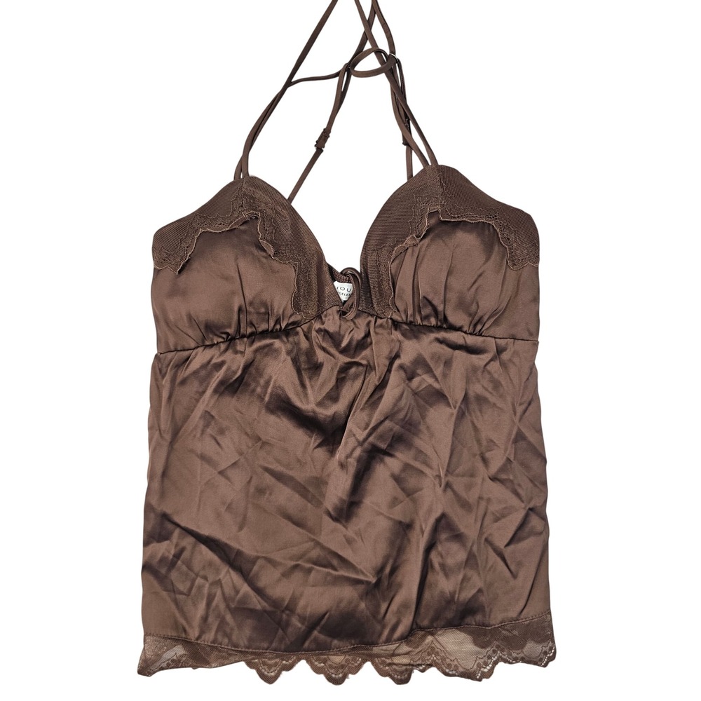 Krious Los Angeles Brown Satin Lace Trim Halter Camisole Top Small Brown